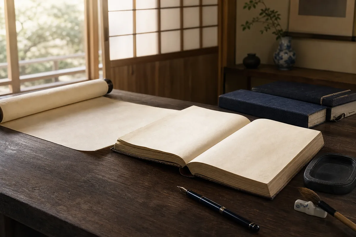 古典とは何かを学ぶための白い本と巻物